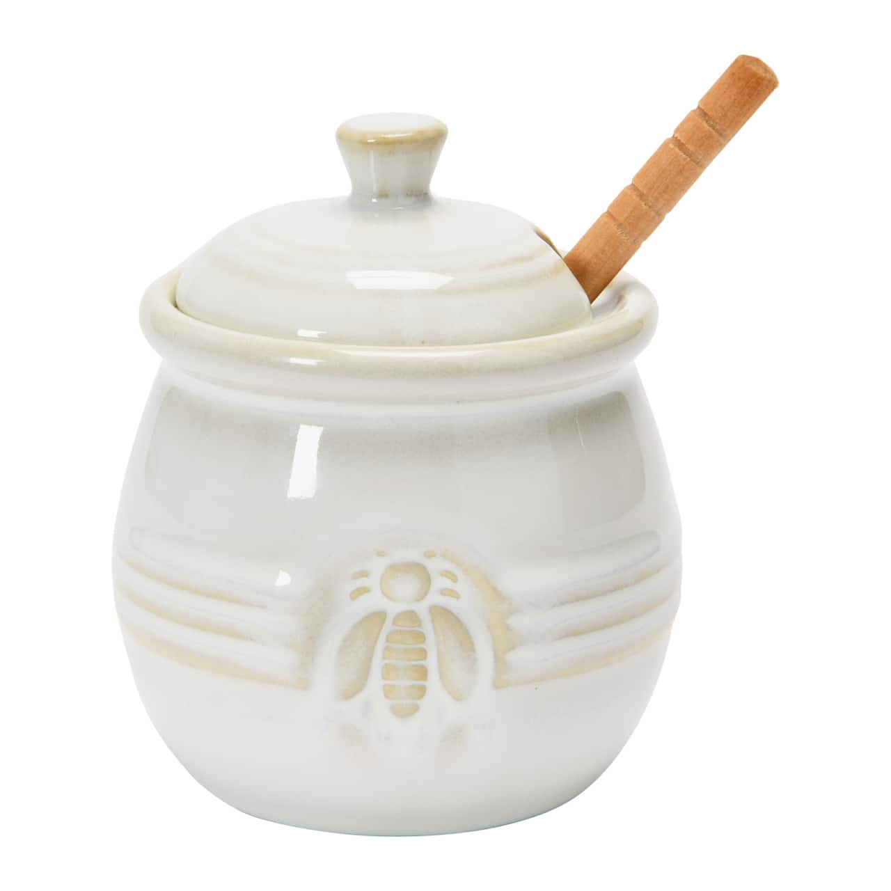Hello Honey® 3.5" White Ceramic Honey Bee Pot & Wood Dipper